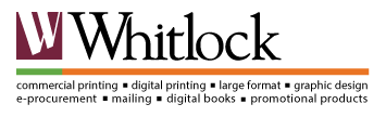 Whitlock Logo with services inclduing commercial printing, digital printing, large format, graphic design e-procurement, mailing, digital books, promotional products.