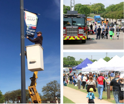 Bedford Texas, multiple shots of community events including a firetruck, hanging a banner on a pole and tents set up with vendors.