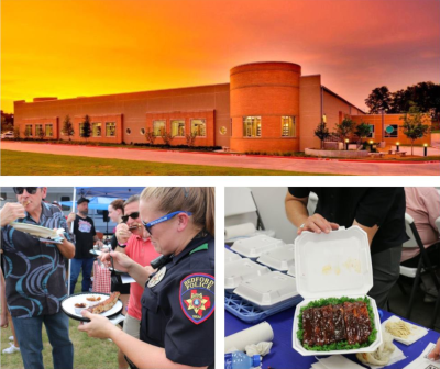 Bedford Texas. A building with an orange sky behind it at top. Below are photos of people eating food at an event.