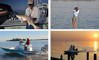 THe Sportsman. Top left a man holds his fish. Top right photo a woman with her back to the camera is busy reeling a fish in. Bottom left and right photo are shots of a single boat under way in the water.