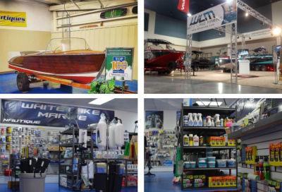 White Lake Marine inside view of their store. Multiple shots of boats on display and maintenance supplies.