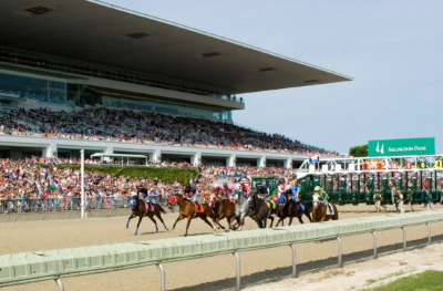 A horse race in progress in Arlington Heights Illinois.