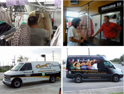 A four photo combination, the top two showing customers or employees inside of Comet Cleaners. The bottom two photos are pictures of Comet Cleaner vans.