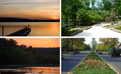 Four photos showing street and waterfront views of Hickory North Carolina