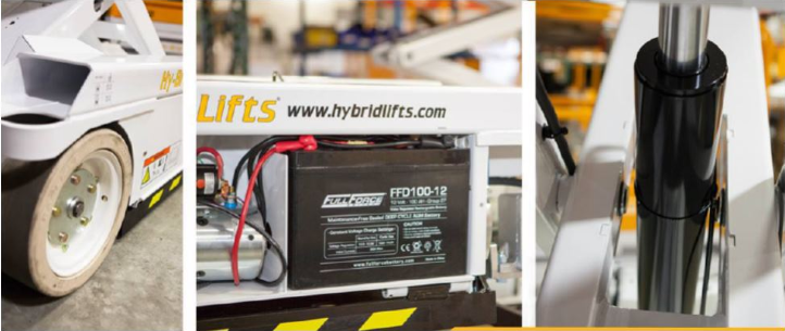Hy-brid Lifts by Custom Equipment showing close up photos of the back right wheel, battery, and shock/suspension for one of their lifts.