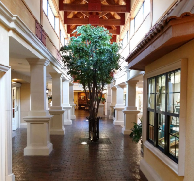 The Inn at University Village inside view with pillars and a tree in the middle of a brick walkway.