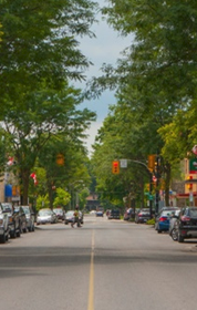 Middlesex County. View down the middle of a street lined with cars and trees.