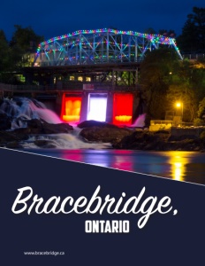 Bracebridge Ontario brochure cover showing a bright at night lit up.