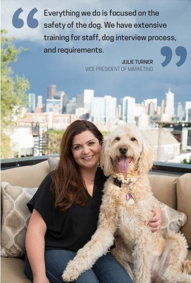 Julie Turner, Vice President of Marketing, with Camp Bow Wow, sits on a couch with her arm around a dog and a city skyline in the background.