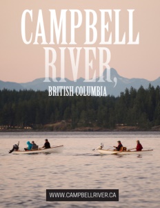 Campbell River British Columbia brochure cover showing people rowing on the water with trees and mountains behind.