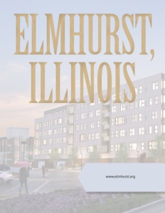 Elmhurst Illinois brochure cover with a multi story building with lights showing on in the windows.