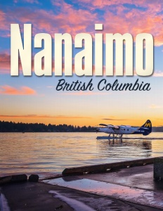 Naniamo British Columbia brochure cover showing a plane under way on the water with orange and blue sky behind.