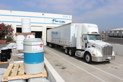 A Revchem Composites semi truck and trailer loading up with a delivery at Revchem Composites.