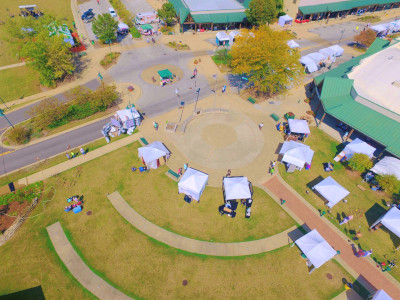 Park Forest Illinois, aerial view of the city with tents set up for an event.