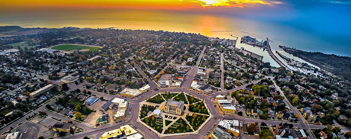 Goderich, Ontario aerial sunset view.