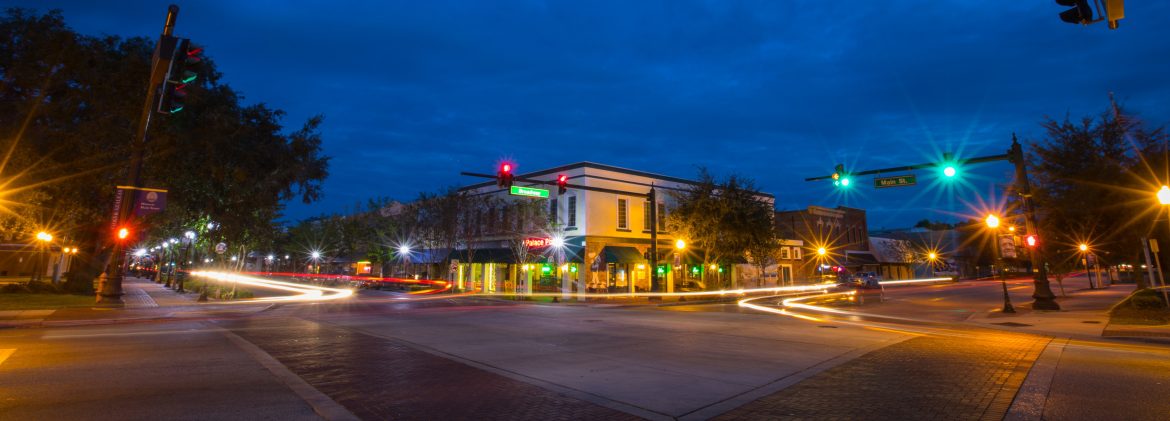 Bartow Florida, downtown corner of Main and Broadway at night.