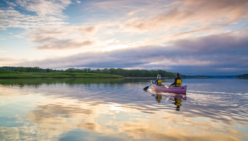 Fredericton, New Brunswick. Two people paddling in a canoe towards a green grassy area with trees behind and a blue sky with clouds.