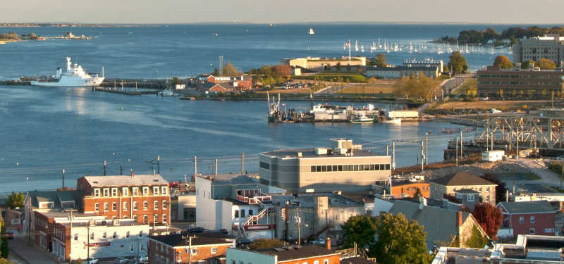 New London CT Harbor aerial view.
