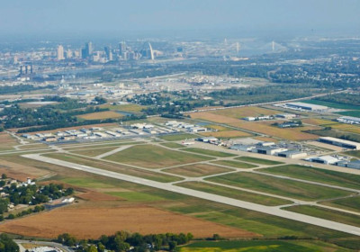 St. Louis Downtown Airport aerial view with the city in the background.