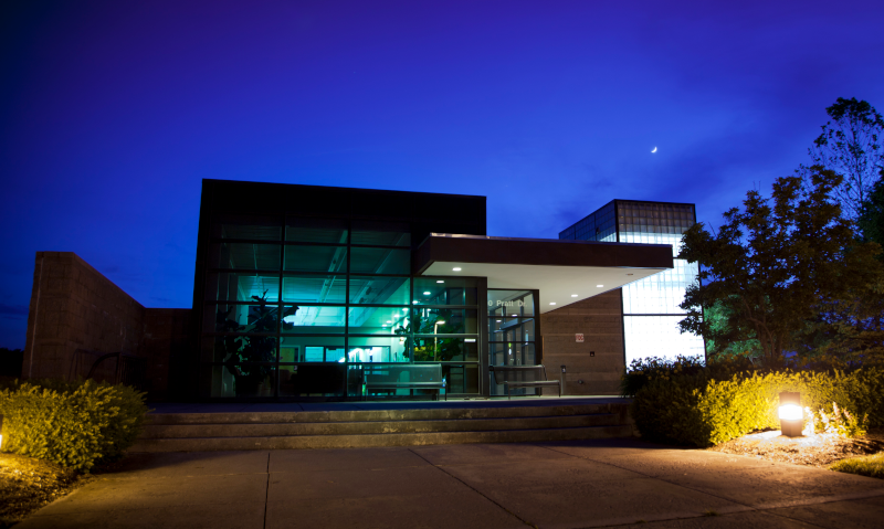 Virginia Tech Corporate Research Center. Nighttime view of a building.