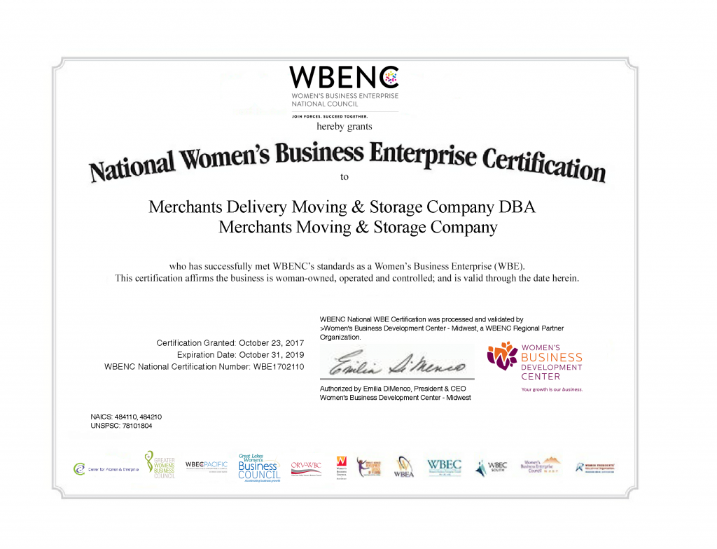 Merchants Moving and Storage Company certificate from the Women's Business Enterprise National Council.