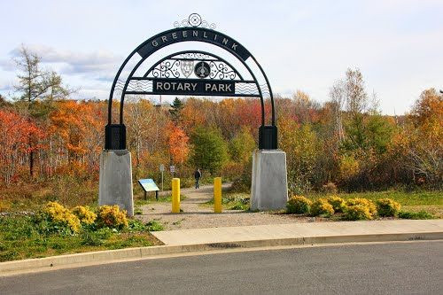 Cape Breton, Nova Scotia. Greenlink Rotary Park sign over walkway.