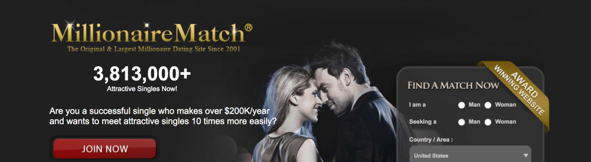 Millionaire Match, upper half of a screenshot showing a man and woman embracing with a join now button and other info.