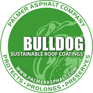 Palmer Asphalt Company logo. BULLDOG, Sustainable Roof Coatings.