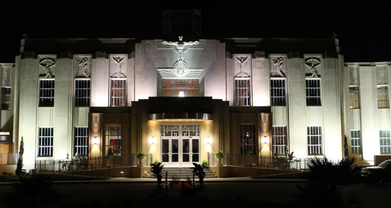 New Orleans Lakefront Airport Terminal at night.