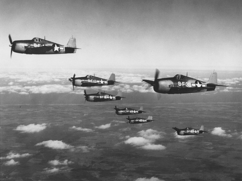 Watsonville Municipal Airport Hellcats of VF-8 in flight 1943.