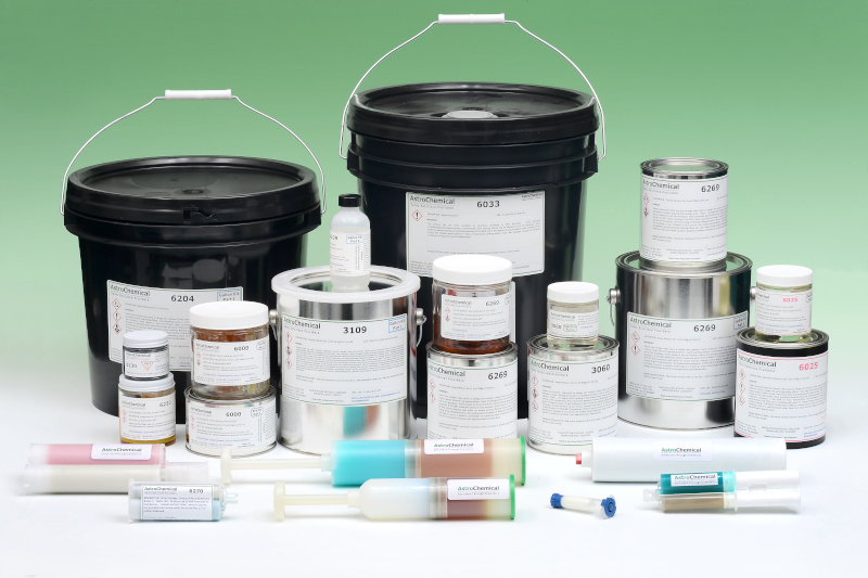 AstroChemical Company, Inc product lineup showing multiple sizes of containers for various products they offer. From a bucket down to a syringe.