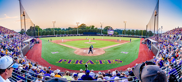 Greenville, North Carolina Pirates Baseball stadium view of the field from behind home plate.