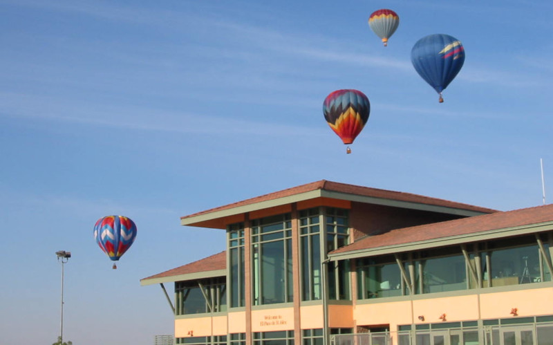 Paso Robles Municipal Airport; Hot air balloons over the terminal building.