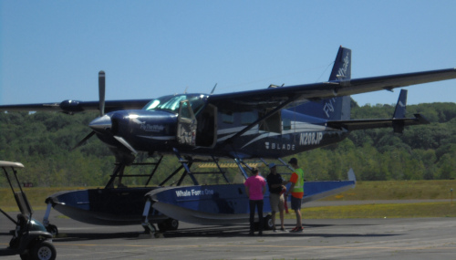 Auburn-Lewstion Airport pontoon plane on the runway.