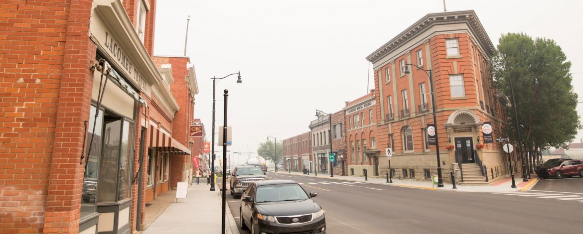 Lacombe, Alberta city street view.