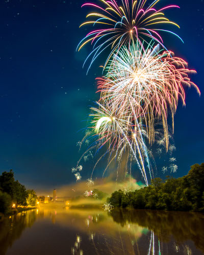 Logansport, Indiana fireworks display over a river.