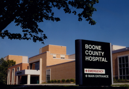 Boone County, Iowa County Hospital sign and building.