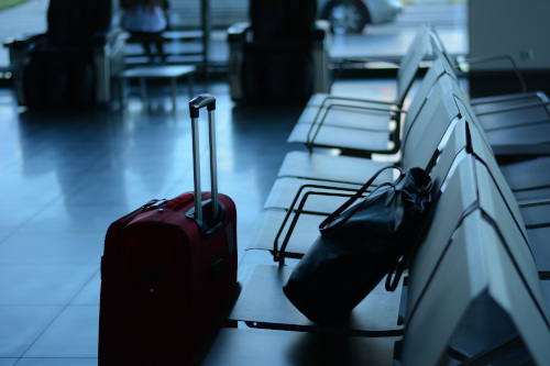 Del Rio International Airport. Stock photo of passenger waiting seats and luggage.