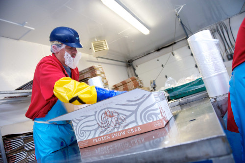 Louisbourg Seafoods worker packaging seafood into boxes.
