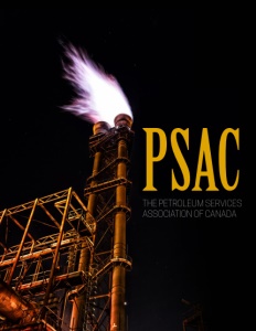 Petroleum Services Association of Canada brochure cover show a tall structure related to oil with fire or gas escaping from the top.