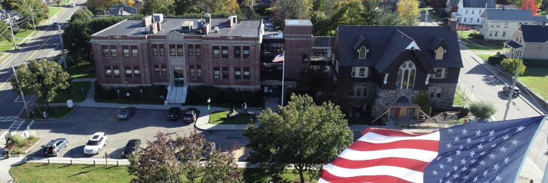 Mansfield, Massachusetts Town Hall aerial photo.