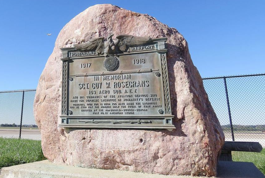 Rosecrans memorial airport in memoriam stone for Sgt. Guy W. Rosecrans and other aviation service members.