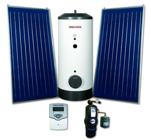 Stiebel Eltron SOL kit showing a tank, two solar panels, a control panel and one other item.