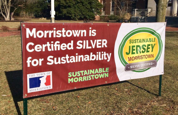 Sustainable Jersey, a sign in the grass saying "Morristown is Certified SILVER for Sustainability".