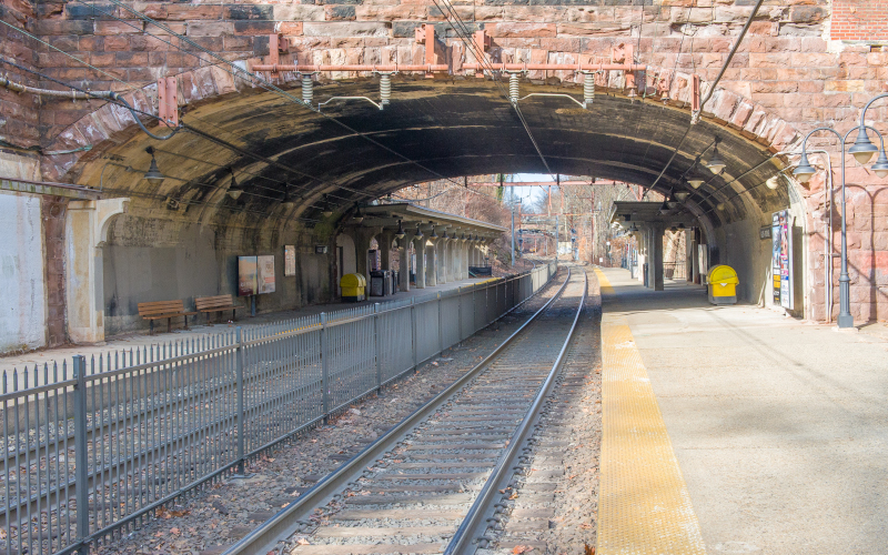 Borough of Glen Ridge, New Jersey, NJ train tracks short tunnel or bridge.