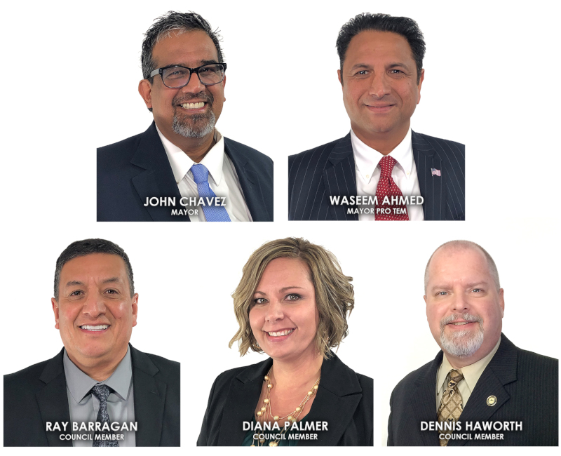 Chowchilla, California, CA, 2019 city council. John Chavez, Mayor; Waseem Ahmed, Mayor Pro Tem; Ray Barragan, Council Member; Diana Palmer, Council Member; Dennis Haworth, Council Member.