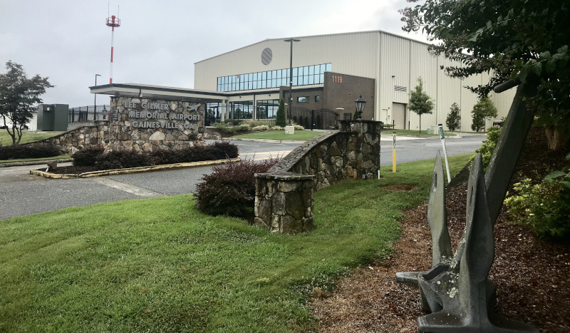 Lee Gilmer Memorial Airport in Gaineville Florida, entrance to airport with an anchor showing a reminder that the Navy built it in WWII.