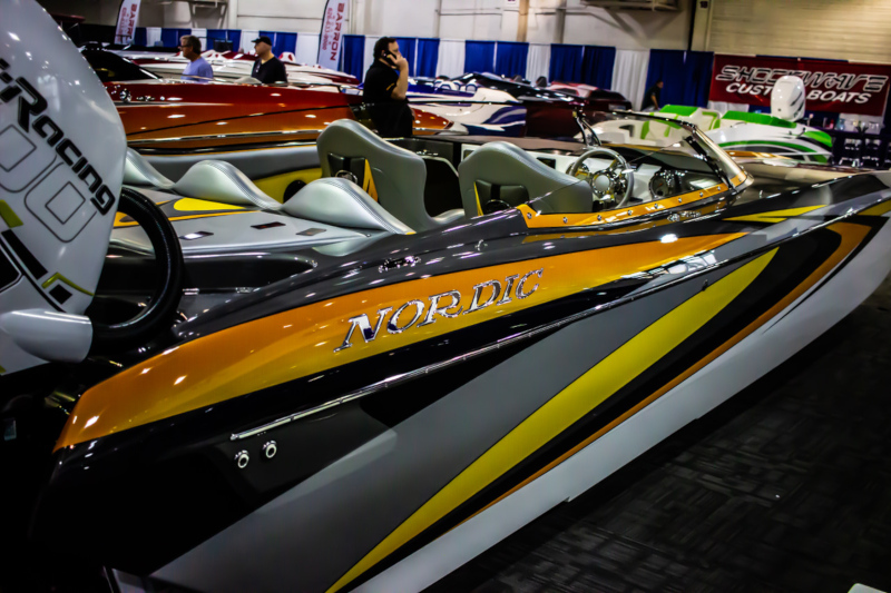 Revchem Composites Nordic boat in a showroom.