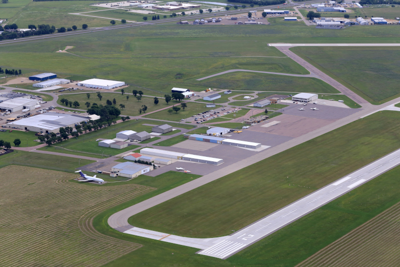 Watertown Regional Airport Aerial view of building off of runway.