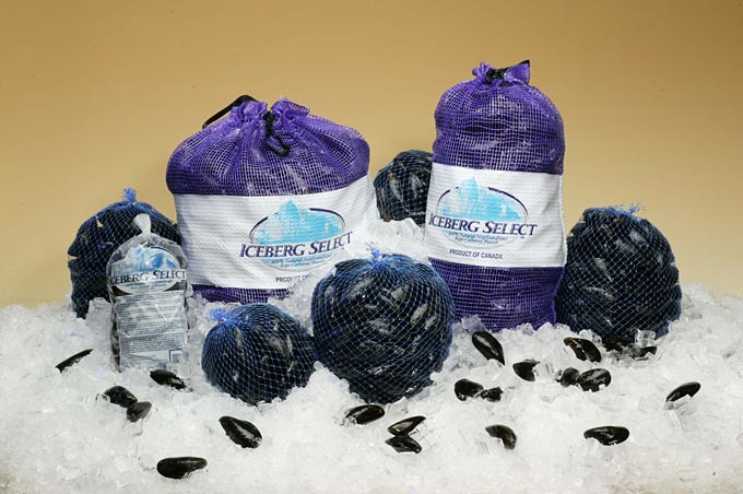 Badger Bay Mussel Farms Ltd. Iceberg Select bags of product.